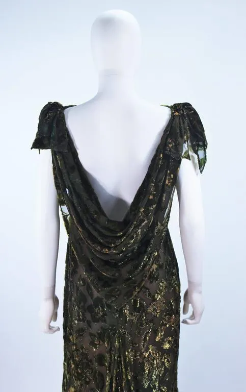 VINTAGE Green Metallic Silk Velvet Draped Gown Size 6-8