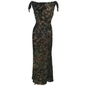 VINTAGE Green Metallic Silk Velvet Draped Gown Size 6-8