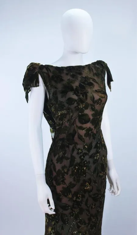 VINTAGE Green Metallic Silk Velvet Draped Gown Size 6-8