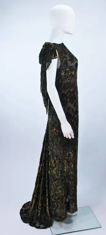 VINTAGE Green Metallic Silk Velvet Draped Gown Size 6-8