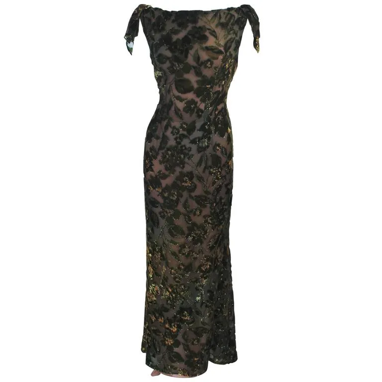 VINTAGE Green Metallic Silk Velvet Draped Gown Size 6-8