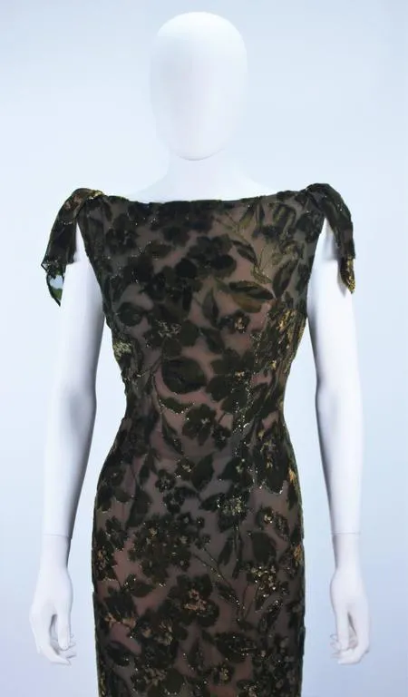 VINTAGE Green Metallic Silk Velvet Draped Gown Size 6-8