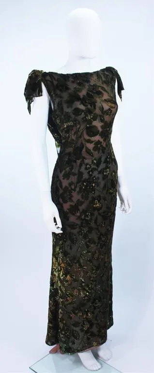 VINTAGE Green Metallic Silk Velvet Draped Gown Size 6-8