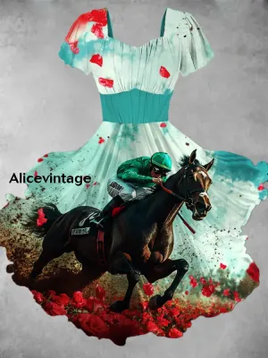Vintage Horse Racing Floral Print V Neck Short Sleeve Midi Dress