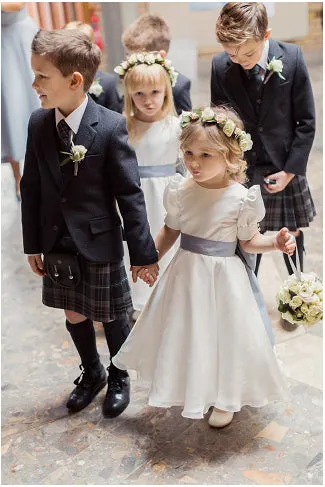Vintage White Satin Chiffon Short Bubble Sleeves A-line Flower Girl Dresses, FGS110