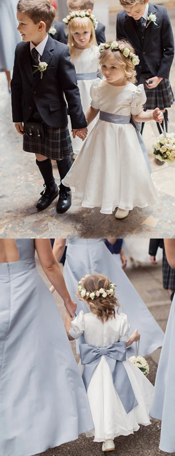 Vintage White Satin Chiffon Short Bubble Sleeves A-line Flower Girl Dresses, FGS110