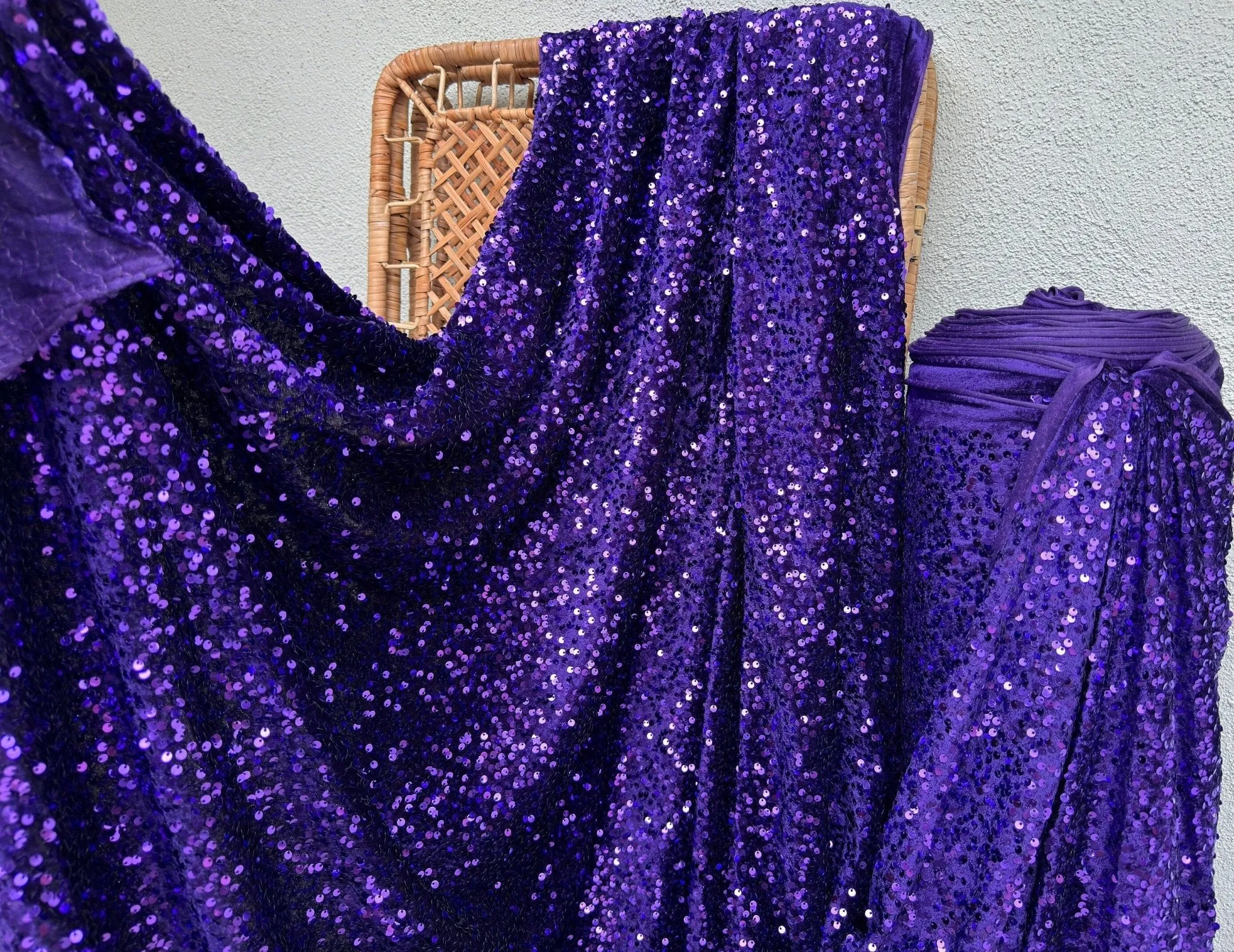 Violet Sequins on Stretch Velvet Fabric, Luxury Violet Sequined Fabric by the yard for Dresses Gowns, Bows, Dance Wear, 2 Way Stretch Velvet
