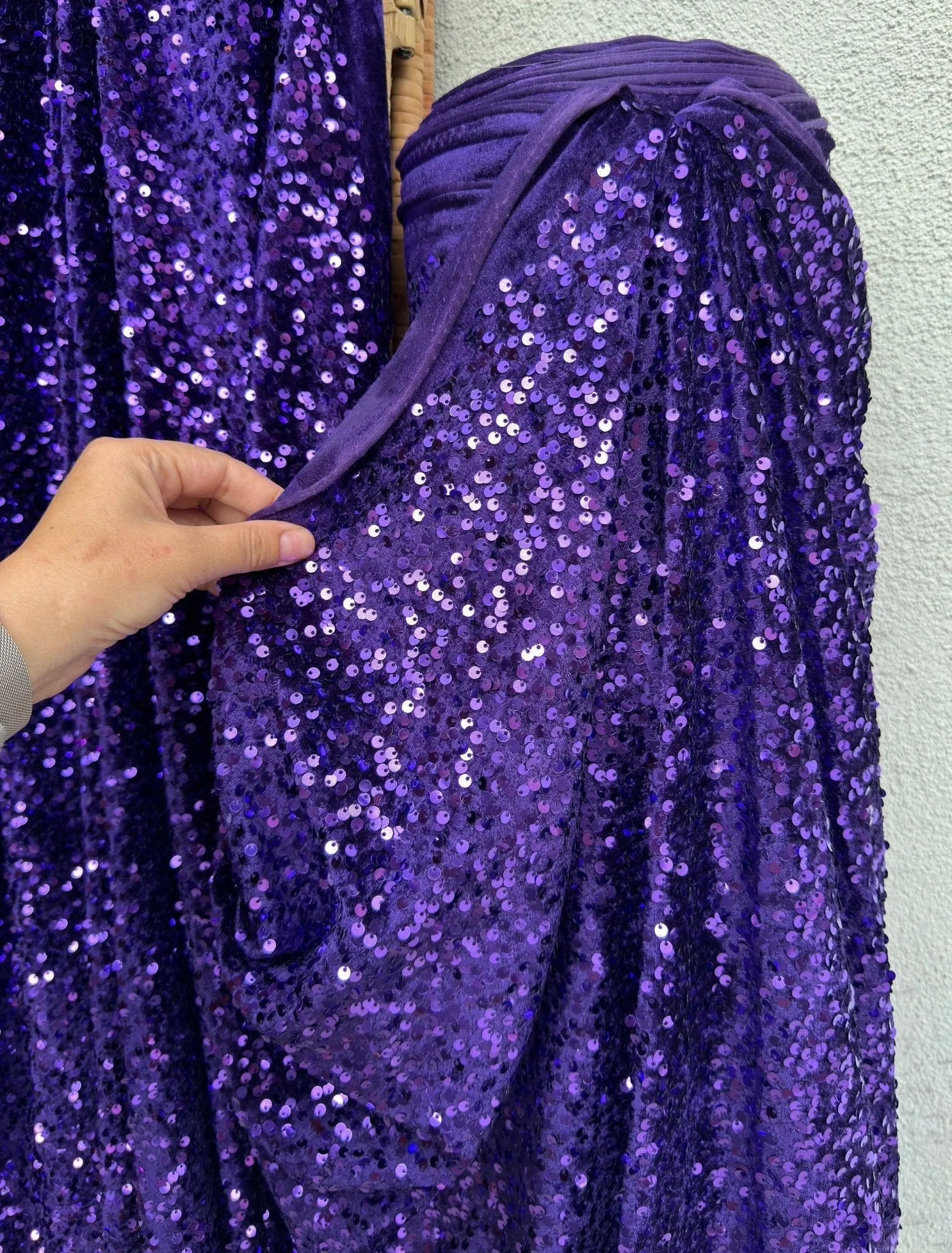 Violet Sequins on Stretch Velvet Fabric, Luxury Violet Sequined Fabric by the yard for Dresses Gowns, Bows, Dance Wear, 2 Way Stretch Velvet