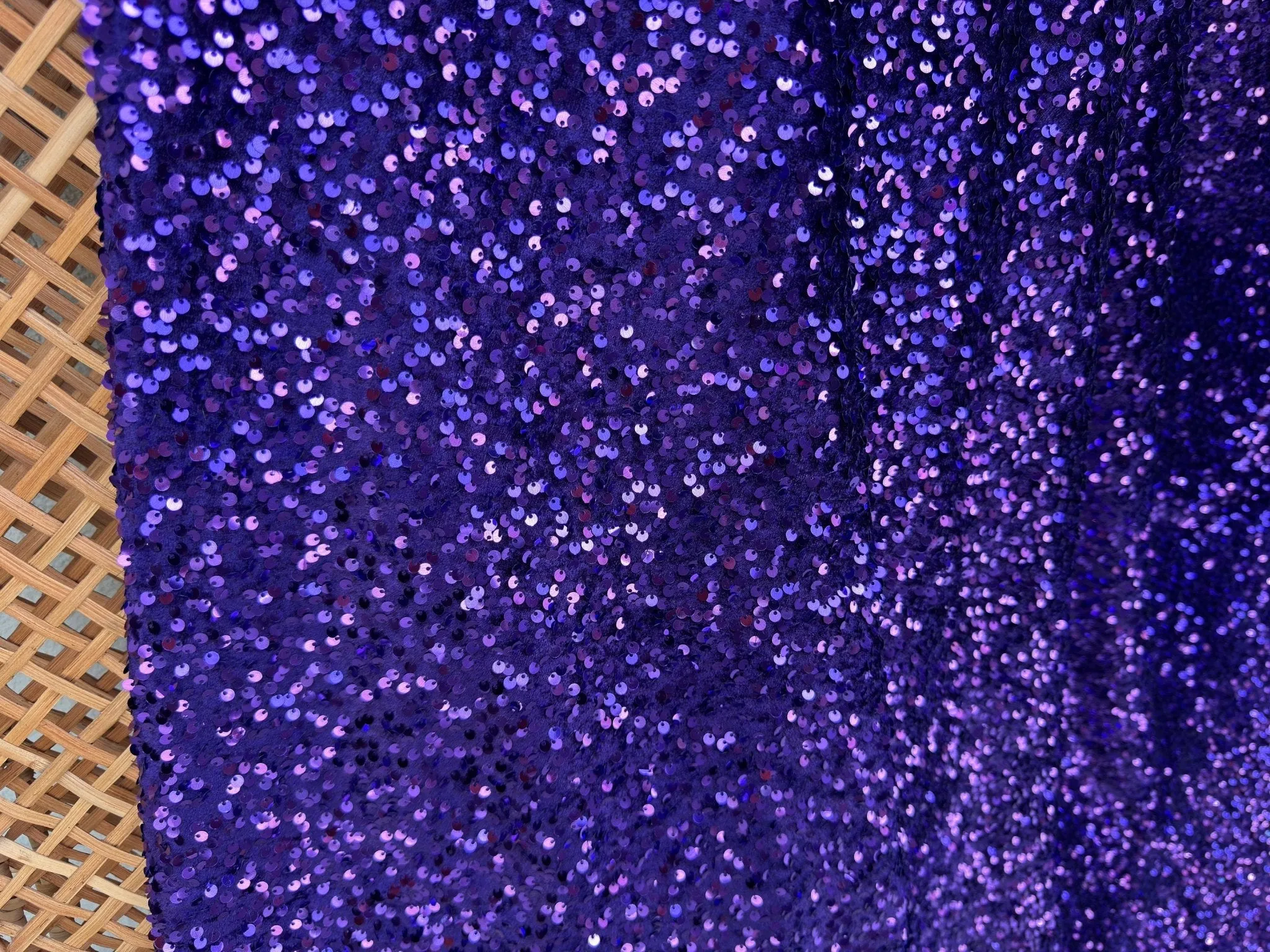 Violet Sequins on Stretch Velvet Fabric, Luxury Violet Sequined Fabric by the yard for Dresses Gowns, Bows, Dance Wear, 2 Way Stretch Velvet