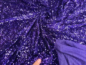 Violet Sequins on Stretch Velvet Fabric, Luxury Violet Sequined Fabric by the yard for Dresses Gowns, Bows, Dance Wear, 2 Way Stretch Velvet