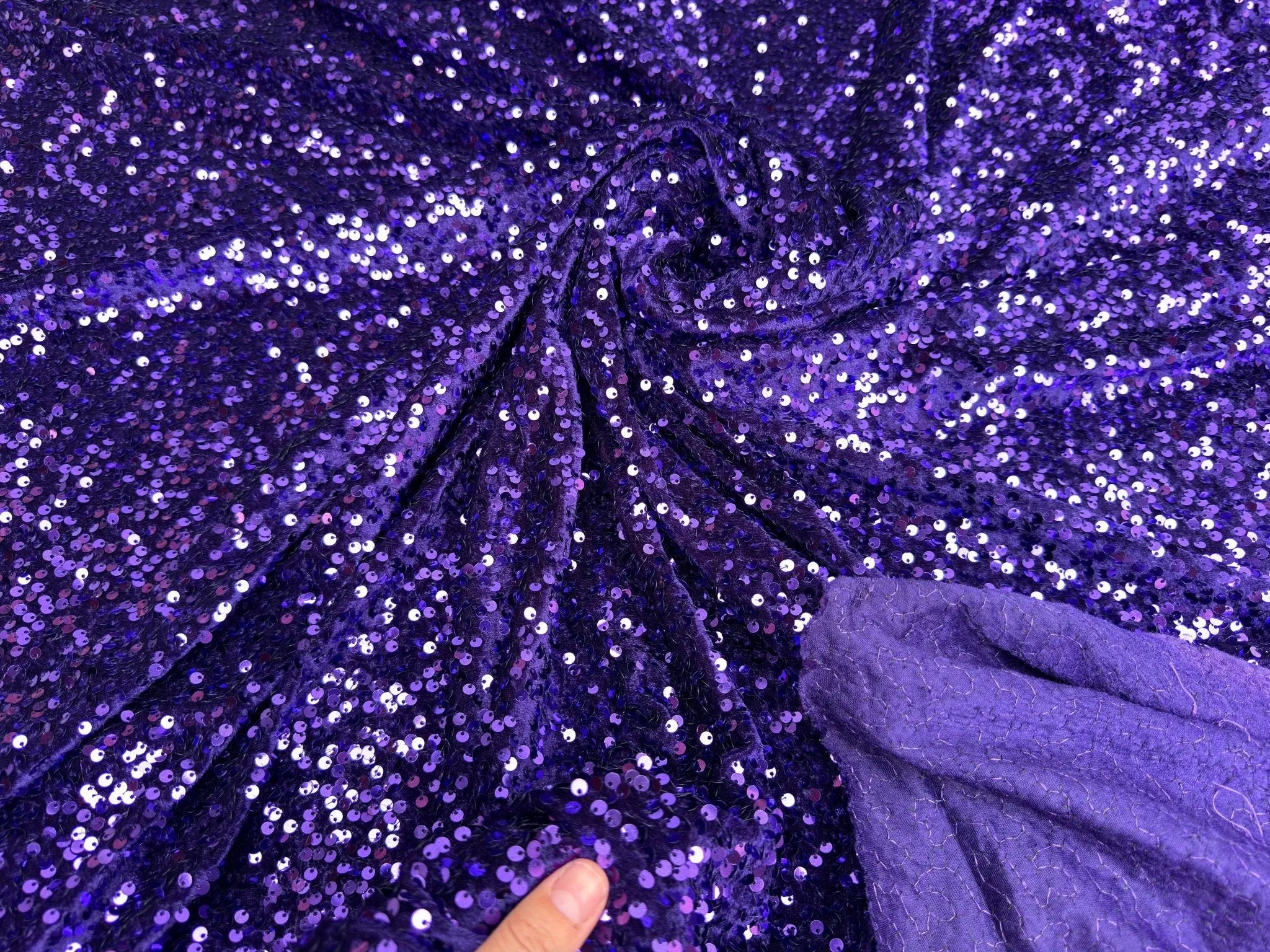 Violet Sequins on Stretch Velvet Fabric, Luxury Violet Sequined Fabric by the yard for Dresses Gowns, Bows, Dance Wear, 2 Way Stretch Velvet