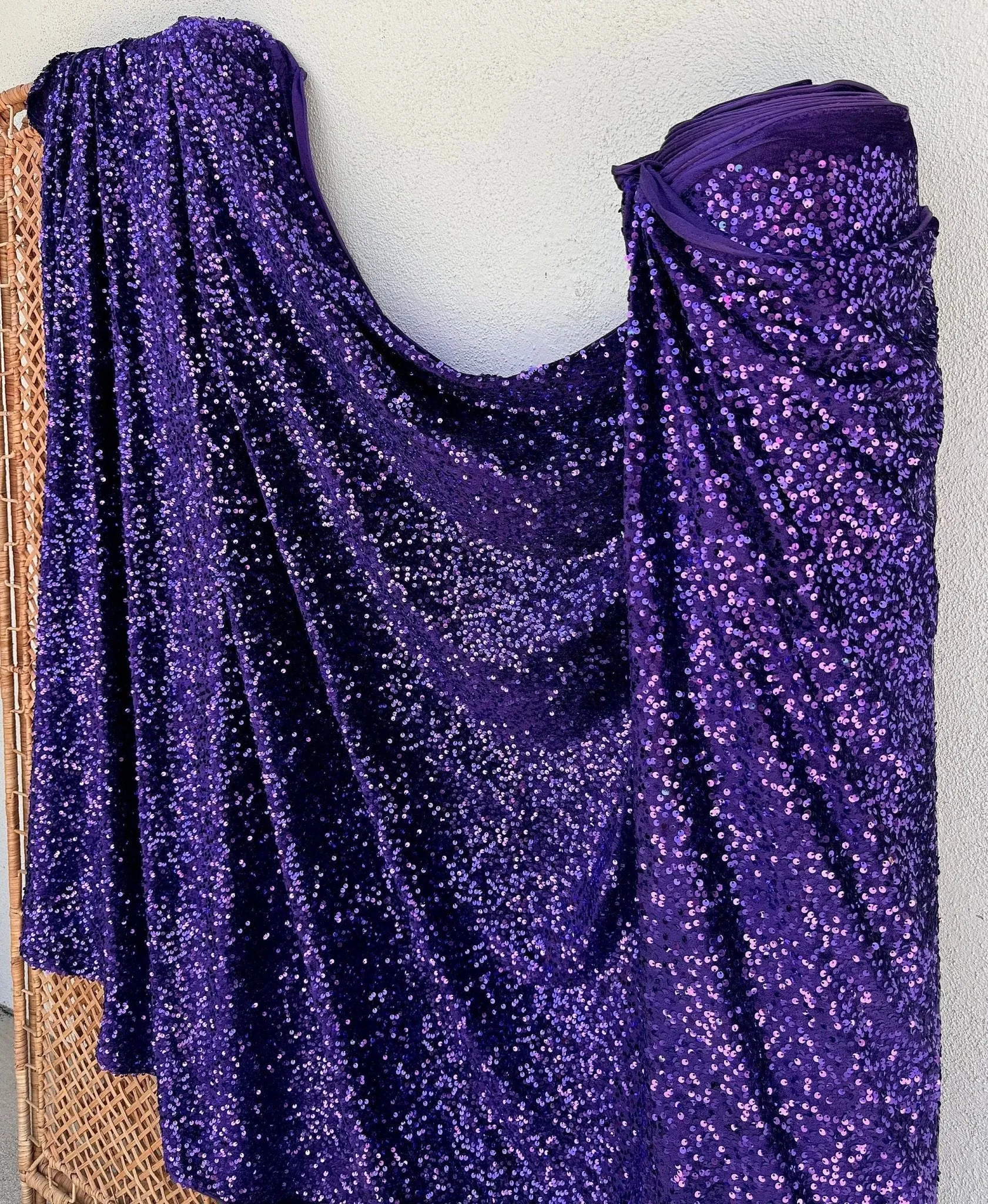 Violet Sequins on Stretch Velvet Fabric, Luxury Violet Sequined Fabric by the yard for Dresses Gowns, Bows, Dance Wear, 2 Way Stretch Velvet