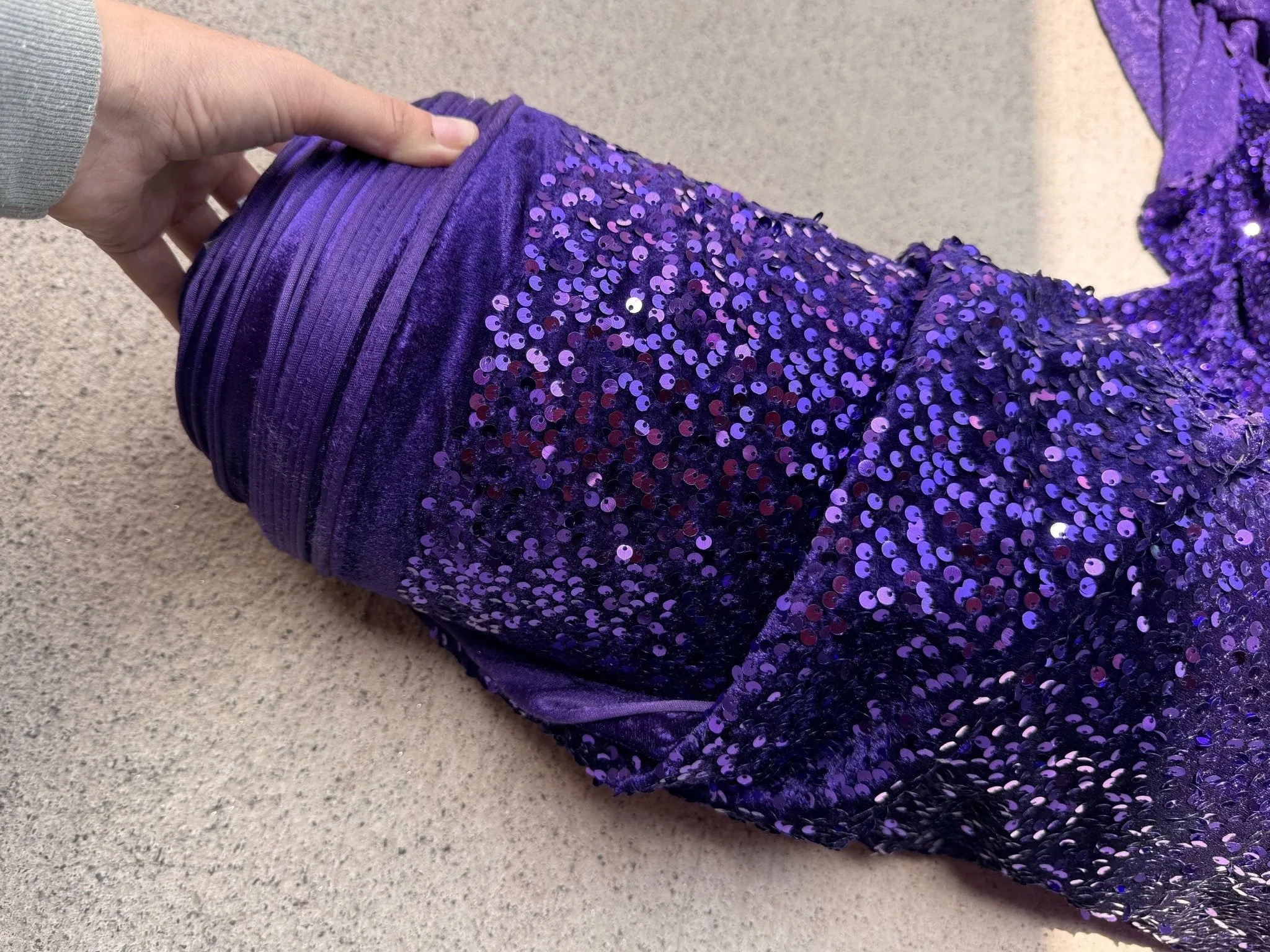 Violet Sequins on Stretch Velvet Fabric, Luxury Violet Sequined Fabric by the yard for Dresses Gowns, Bows, Dance Wear, 2 Way Stretch Velvet