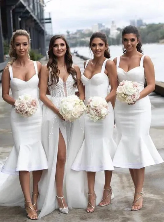 white bridesmaid dress short mermaid satin elegant mermaid cheap wedding party dresses 2021