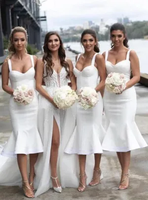 white bridesmaid dress short mermaid satin elegant mermaid cheap wedding party dresses 2021