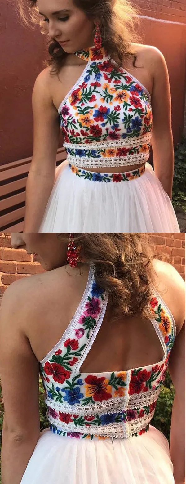 White Satin Embroidery High Neck Open Back Homecoming Dresses,HD0020