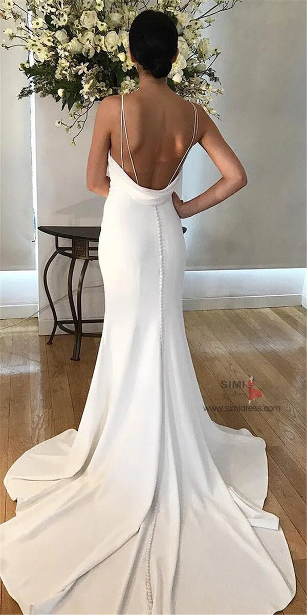 White Satin Mermaid Spaghetti Straps Wedding Dresses with Buttons, SW387