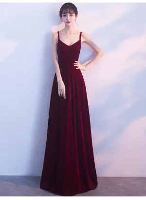 Wine Red Straps Velvet Long Bridesmaid Dress , Party Dress