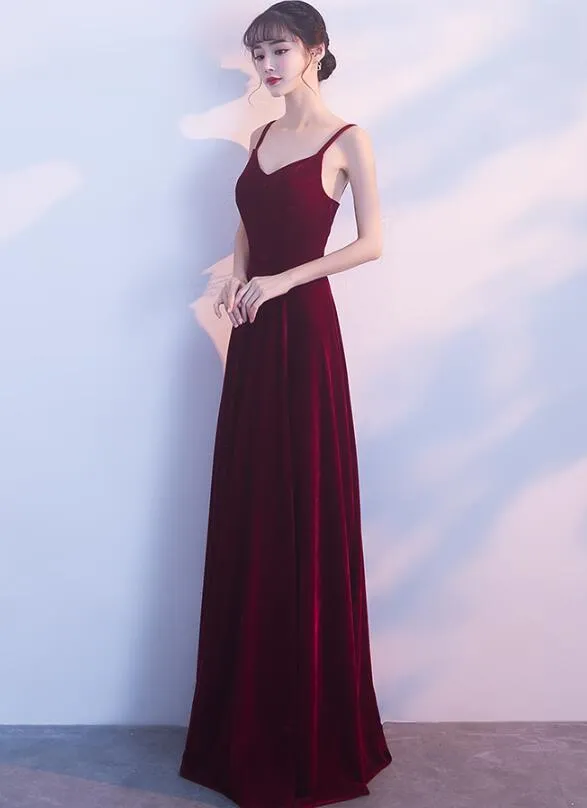 Wine Red Straps Velvet Long Bridesmaid Dress , Party Dress
