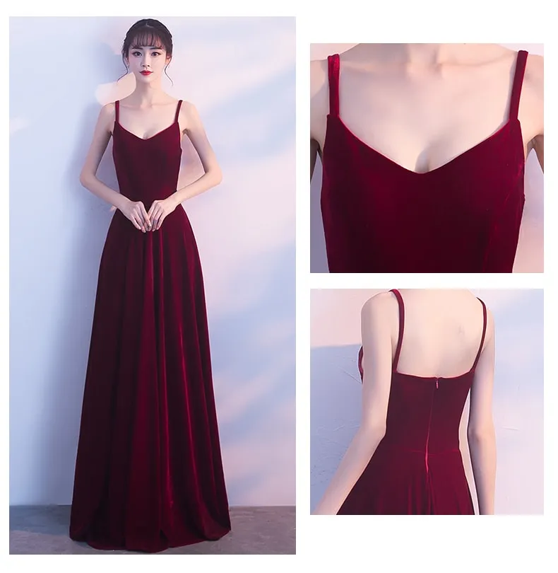 Wine Red Straps Velvet Long Bridesmaid Dress , Party Dress