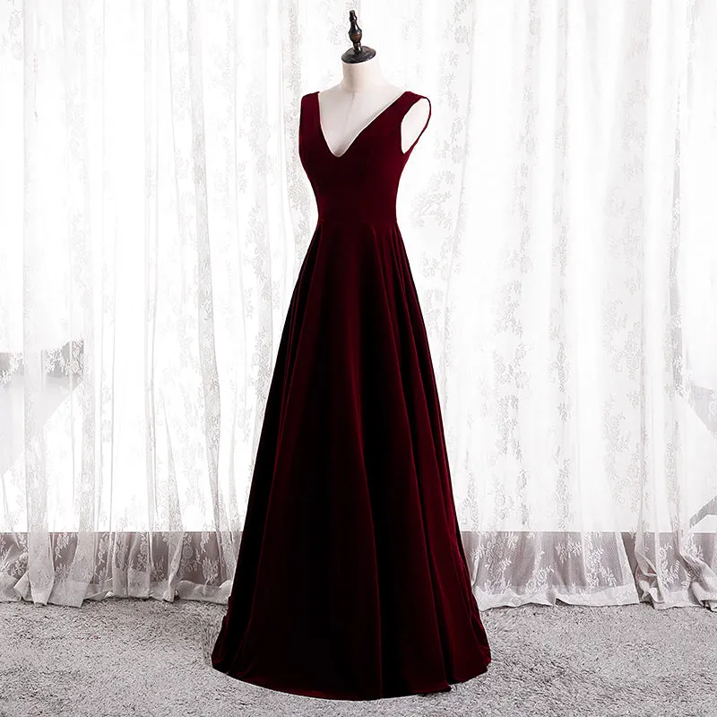 Wine Red V-neckline Velvet Long Bridesmaid Dress Party Dress, A-line Simple Formal Dress