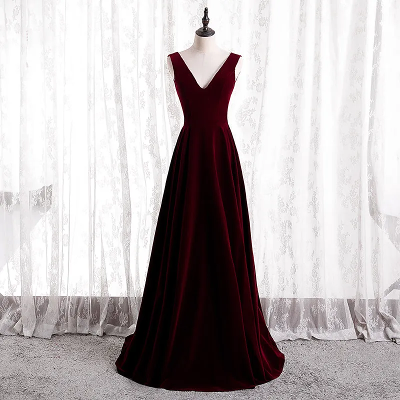 Wine Red V-neckline Velvet Long Bridesmaid Dress Party Dress, A-line Simple Formal Dress