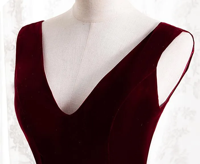 Wine Red V-neckline Velvet Long Bridesmaid Dress Party Dress, A-line Simple Formal Dress