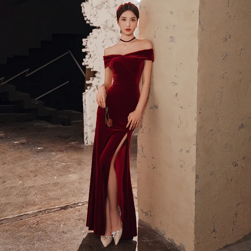 Wine Red Velvet Leg Slit Long Prom Dress Party Dress, Mermaid Off Shoulder Gowns