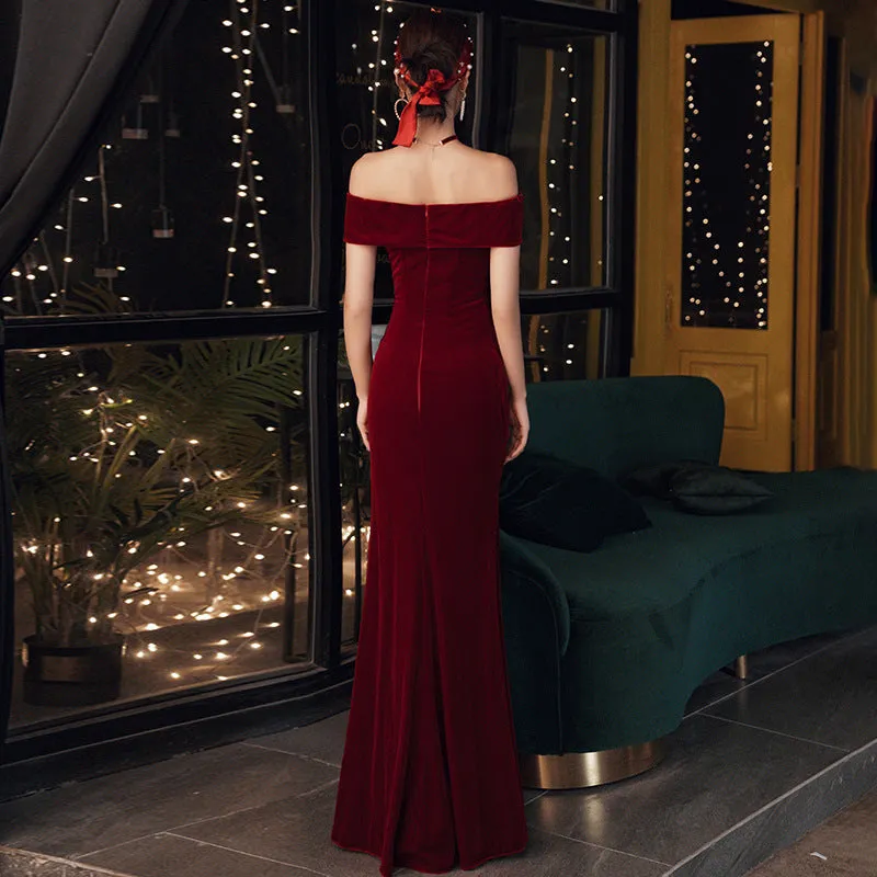 Wine Red Velvet Leg Slit Long Prom Dress Party Dress, Mermaid Off Shoulder Gowns