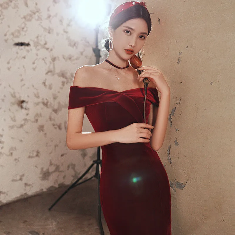 Wine Red Velvet Leg Slit Long Prom Dress Party Dress, Mermaid Off Shoulder Gowns