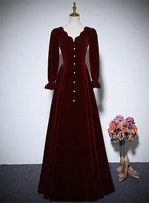 Wine Red Velvet Long Sleeves Wedding Party Dress, A-line Velvet Prom Dress