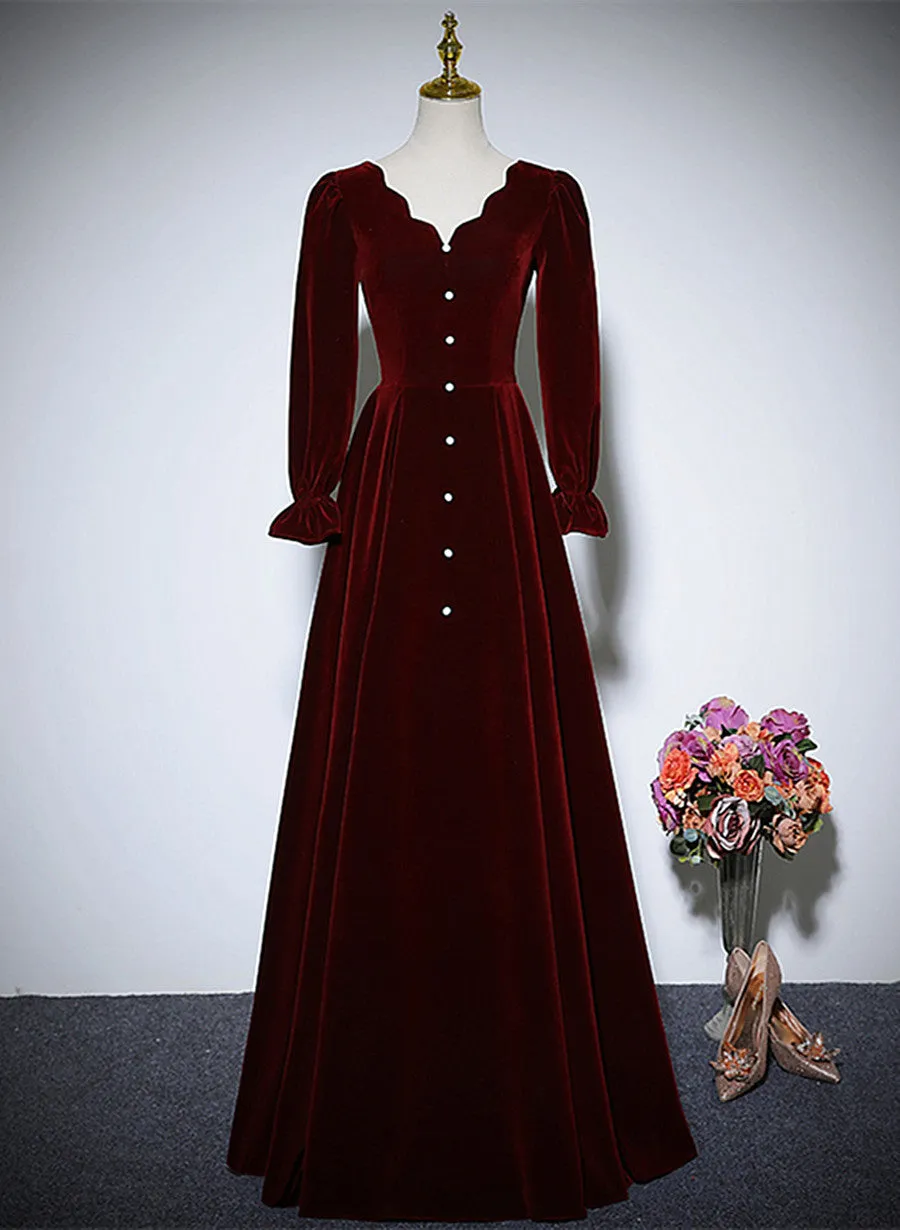 Wine Red Velvet Long Sleeves Wedding Party Dress, A-line Velvet Prom Dress