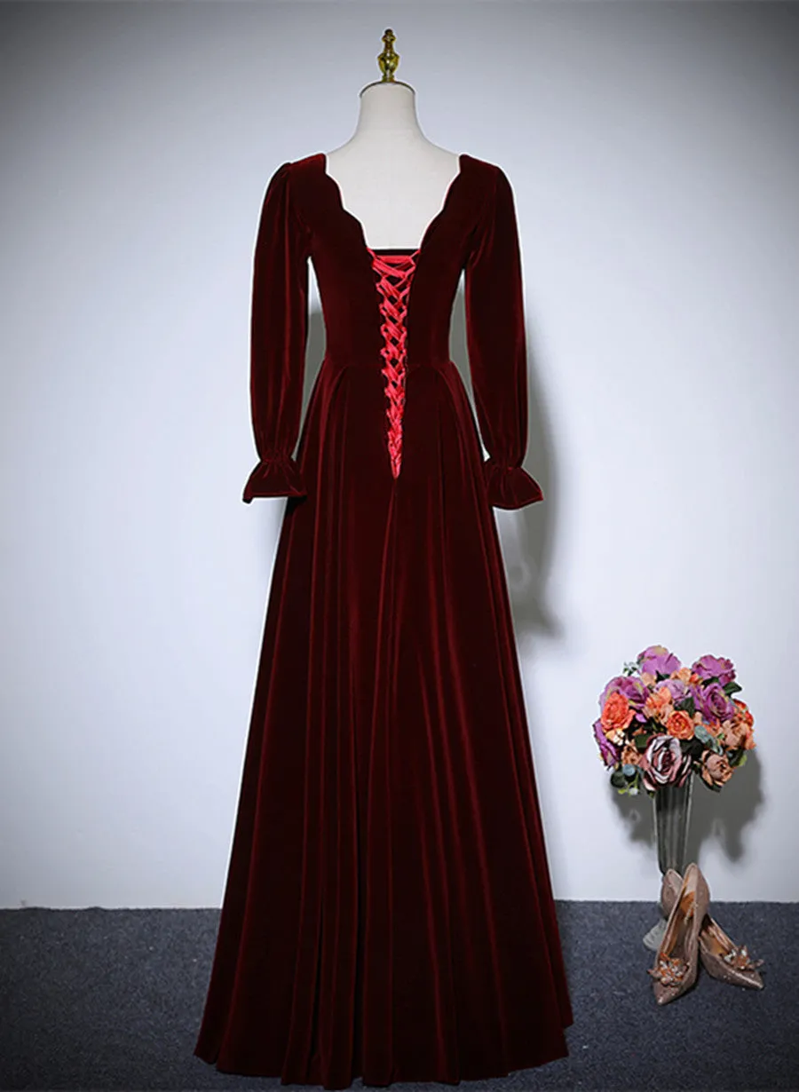 Wine Red Velvet Long Sleeves Wedding Party Dress, A-line Velvet Prom Dress