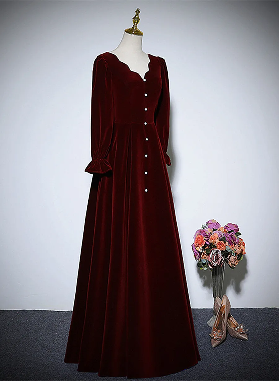 Wine Red Velvet Long Sleeves Wedding Party Dress, A-line Velvet Prom Dress