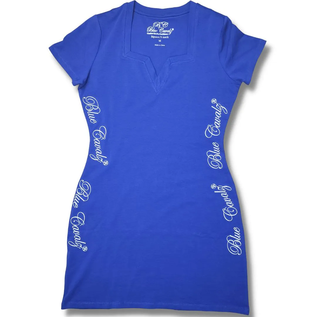 WOMEN BLUE SQUARE V NECK BODYCON SHORT DRESS
