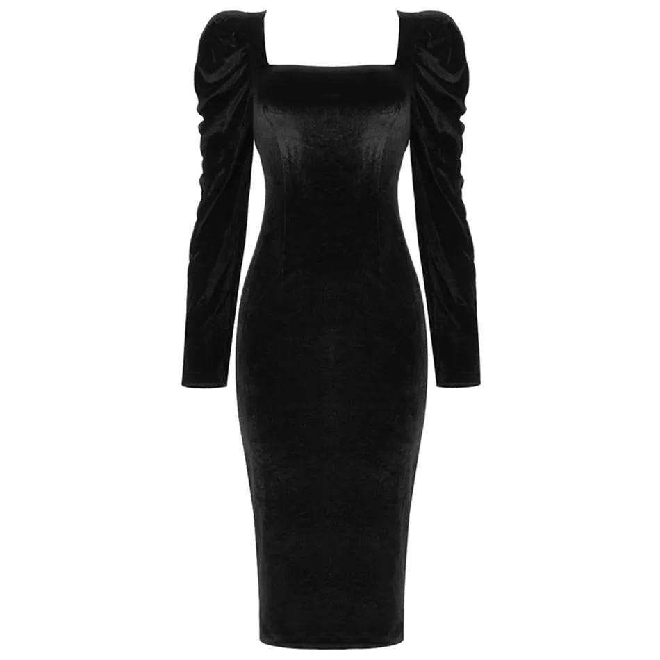 Women Fashion Long Puff Sleeve Club Velvet Evening Runway Party Dress