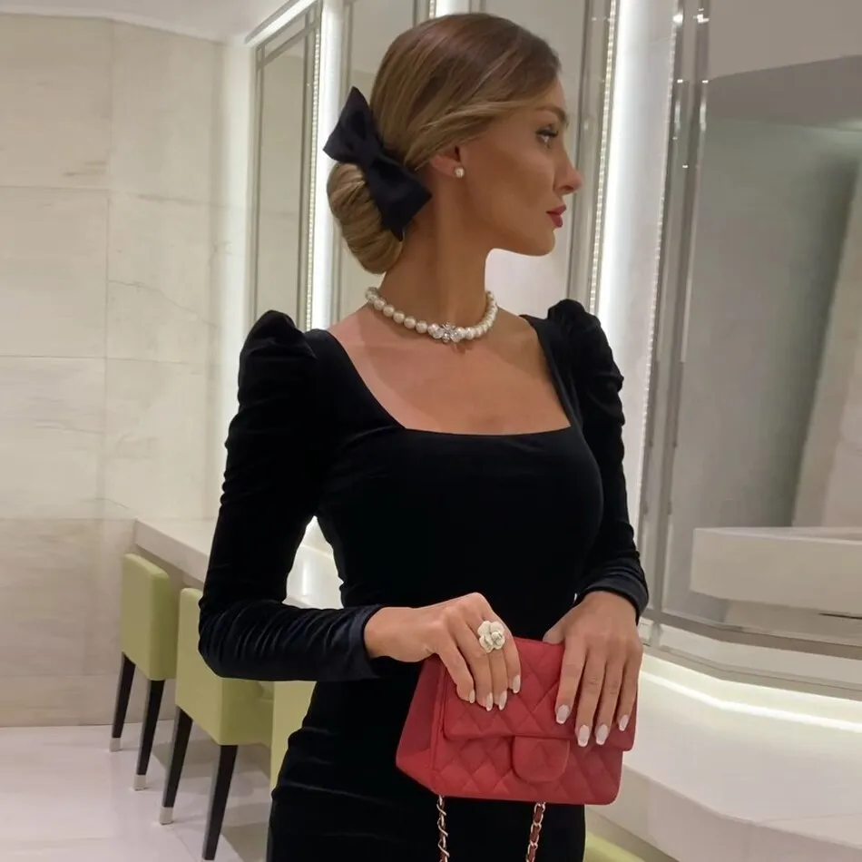 Women Fashion Long Puff Sleeve Club Velvet Evening Runway Party Dress