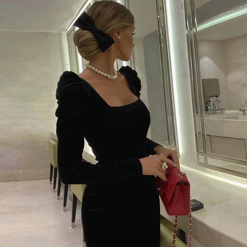 Women Fashion Long Puff Sleeve Club Velvet Evening Runway Party Dress