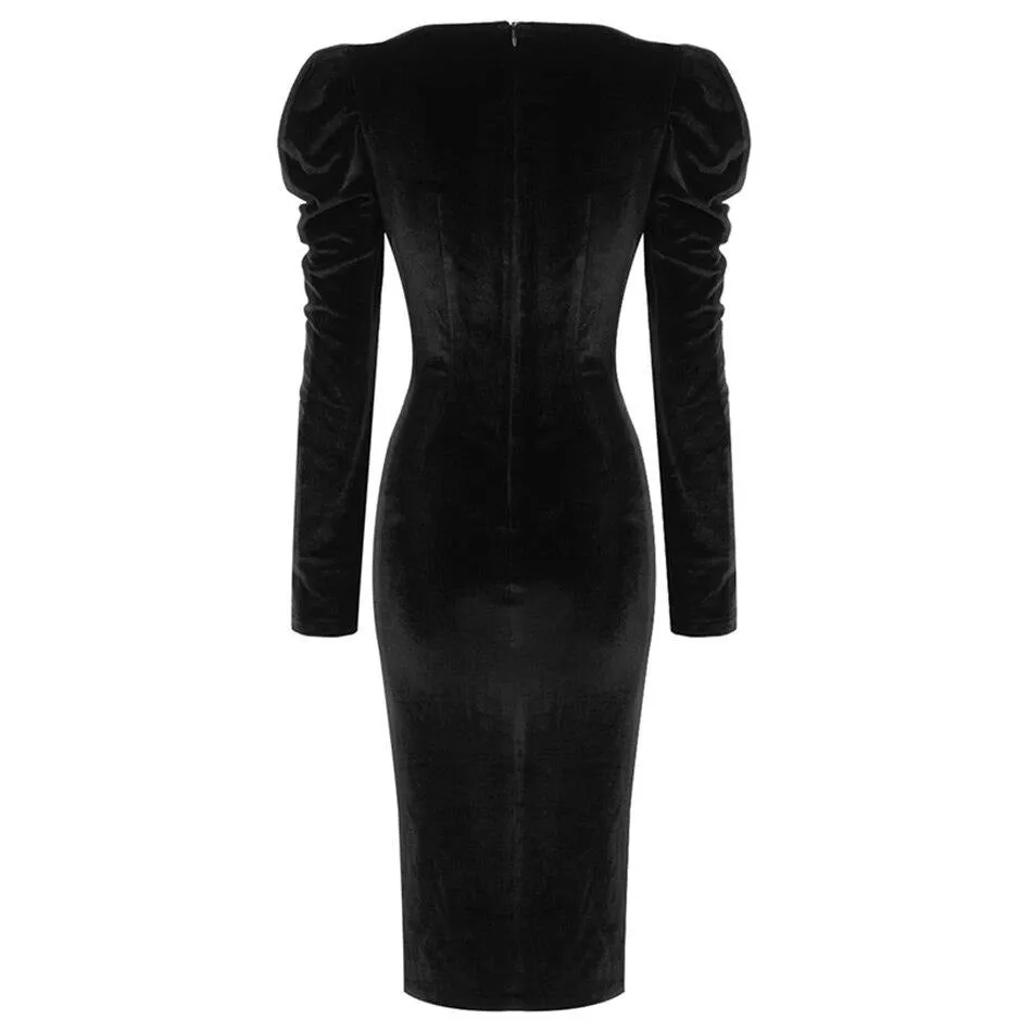 Women Fashion Long Puff Sleeve Club Velvet Evening Runway Party Dress