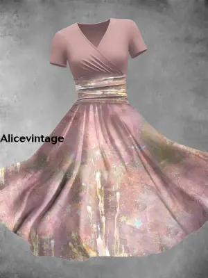Women's Retro Pink Art Print V-Neck Midi Dress