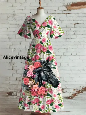 Women's Vintage Derby Day Art Print V Neck Short Sleeve Elegant Midi Dress