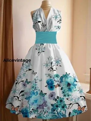 Women's Vintage Floral Art Print V Neck Elegant Midi Dress