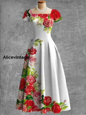 Women's Vintage Floral Art Print V Neck Elegant Midi Dress
