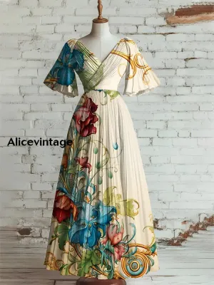 Women's Vintage Floral Art Print V Neck Short Sleeve Elegant Midi Dress