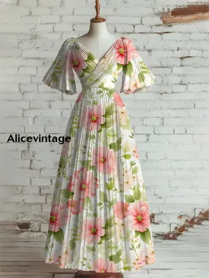 Women's Vintage Floral Art Print V Neck Short Sleeve Elegant Midi Dress