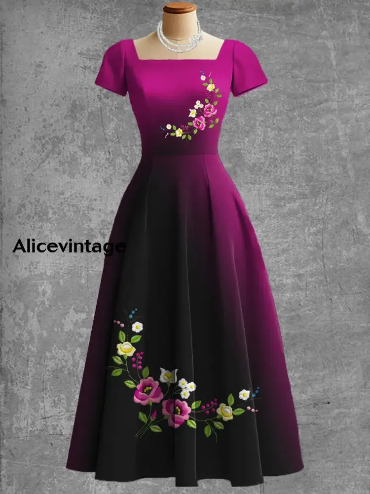Women's Vintage Mexican flowers Art Print V Neck Elegant Midi Dress