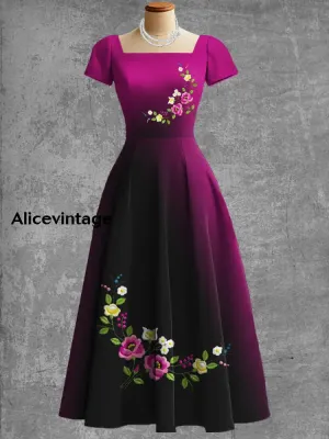 Women's Vintage Mexican flowers Art Print V Neck Elegant Midi Dress