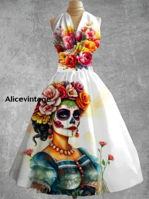 Women's Vintage Mexican flowers Print V Neck Elegant Midi Dress
