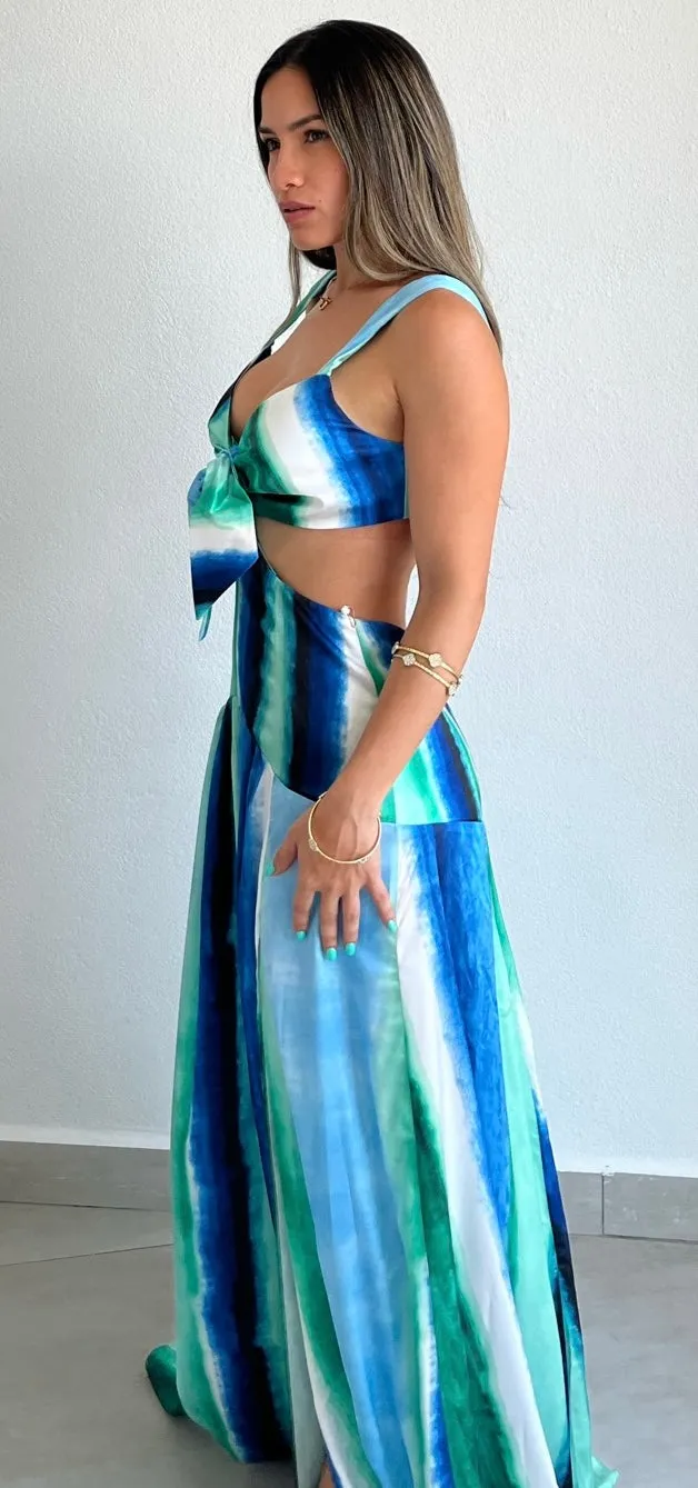 Work of Art Blue Print Satin Maxi Dress