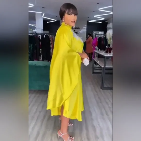 Yellow Caftan with Silker Floral Applique